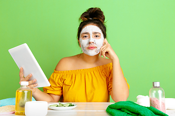 Image showing Portrait of young caucasian woman in her beauty day and skin care routine