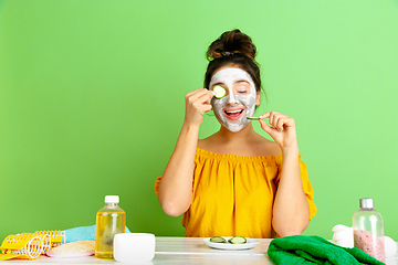 Image showing Portrait of young caucasian woman in her beauty day and skin care routine