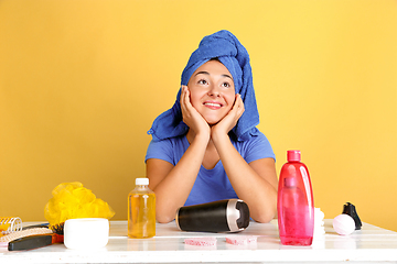 Image showing Portrait of young caucasian woman in her beauty day and skin care routine