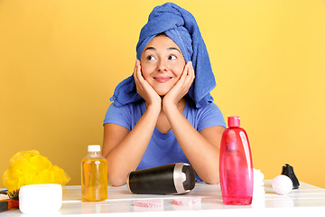 Image showing Portrait of young caucasian woman in her beauty day and skin care routine