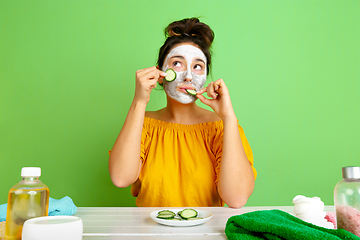 Image showing Portrait of young caucasian woman in her beauty day and skin care routine