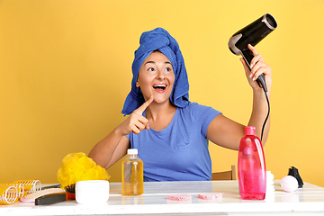 Image showing Portrait of young caucasian woman in her beauty day and skin care routine