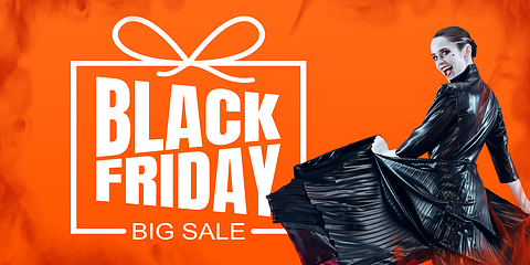 Image showing Woman as a vampire in black dress on fire background, black friday