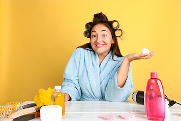 Image showing Portrait of young caucasian woman in her beauty day and skin care routine