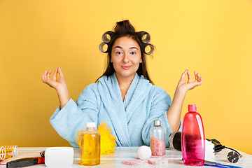 Image showing Portrait of young caucasian woman in her beauty day and skin care routine