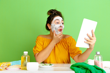 Image showing Portrait of young caucasian woman in her beauty day and skin care routine