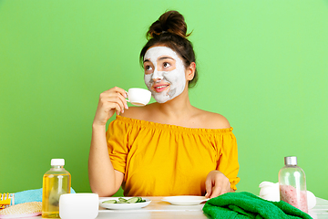 Image showing Portrait of young caucasian woman in her beauty day and skin care routine