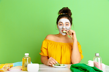 Image showing Portrait of young caucasian woman in her beauty day and skin care routine