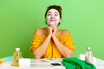 Image showing Portrait of young caucasian woman in her beauty day and skin care routine