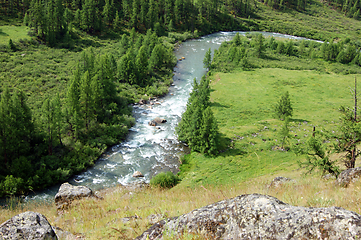 Image showing Colorful type on bugle river and wood