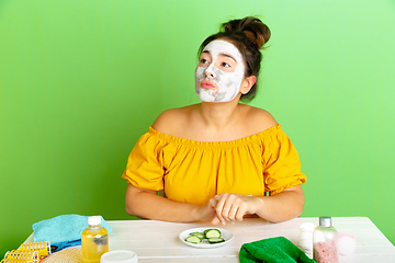 Image showing Portrait of young caucasian woman in her beauty day and skin care routine