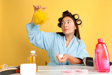 Image showing Portrait of young caucasian woman in her beauty day and skin care routine