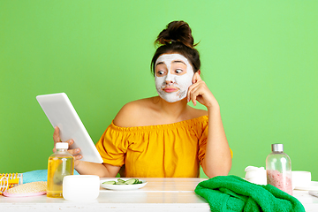 Image showing Portrait of young caucasian woman in her beauty day and skin care routine