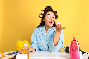 Image showing Portrait of young caucasian woman in her beauty day and skin care routine