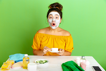 Image showing Portrait of young caucasian woman in her beauty day and skin care routine