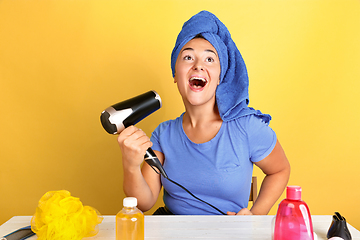 Image showing Portrait of young caucasian woman in her beauty day and skin care routine