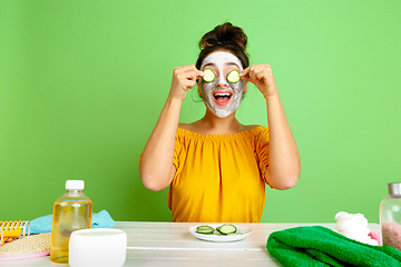 Image showing Portrait of young caucasian woman in her beauty day and skin care routine