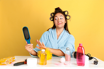 Image showing Portrait of young caucasian woman in her beauty day and skin care routine