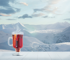 Image showing Mulled wine and landscape of mountains on background