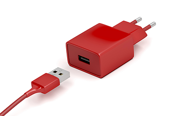 Image showing Red power adapter and USB cable