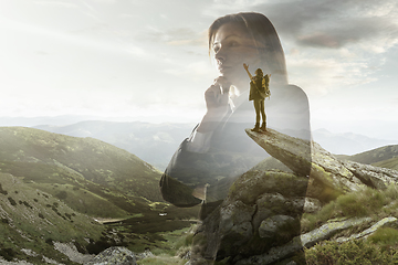 Image showing Silhouette of businesswoman with landscapes on background, double exposure.