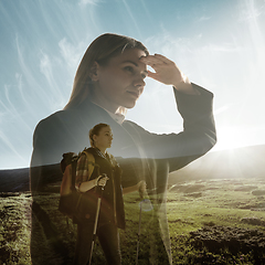 Image showing Silhouette of businesswoman with landscapes on background, double exposure.