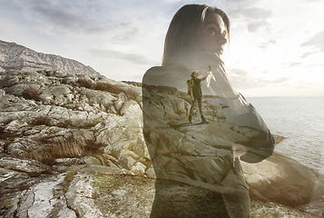 Image showing Silhouette of businesswoman with landscapes on background, double exposure.