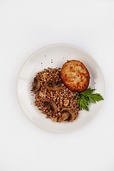 Image showing Boiled Buckwheat, Mushrooms, Greenery And Meat