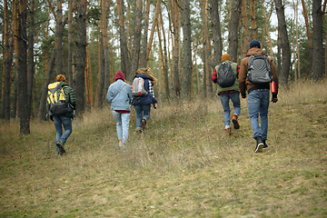 Image showing Group of friends on a camping or hiking trip in autumn day