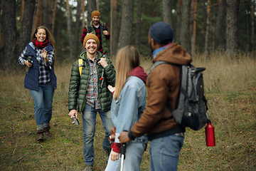 Image showing Group of friends on a camping or hiking trip in autumn day