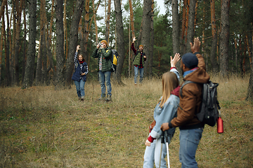 Image showing Group of friends on a camping or hiking trip in autumn day