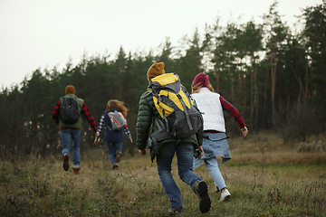 Image showing Group of friends on a camping or hiking trip in autumn day