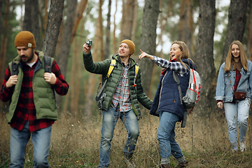 Image showing Group of friends on a camping or hiking trip in autumn day