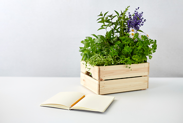 Image showing notebook with herbs and flowers in wooden box