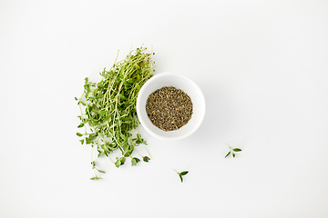 Image showing fresh thyme and dry seasoning on white background