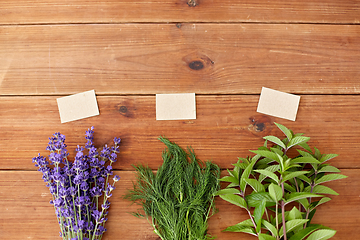 Image showing lavender, dill and peppermint on wooden background