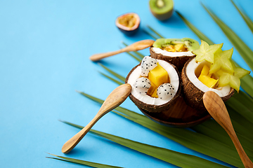 Image showing mix of exotic fruits in coconut shells with spoons