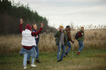 Image showing Group of friends on a camping or hiking trip in autumn day