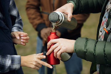 Image showing Group of friends on a camping or hiking trip in autumn day