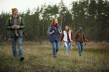 Image showing Group of friends on a camping or hiking trip in autumn day