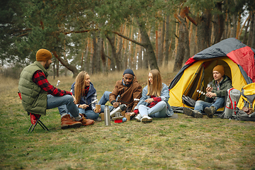 Image showing Group of friends on a camping or hiking trip in autumn day