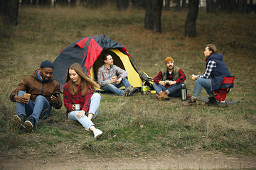 Image showing Group of friends on a camping or hiking trip in autumn day