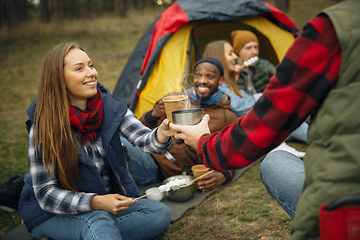 Image showing Group of friends on a camping or hiking trip in autumn day