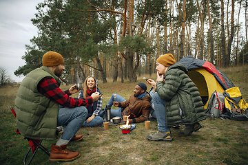 Image showing Group of friends on a camping or hiking trip in autumn day