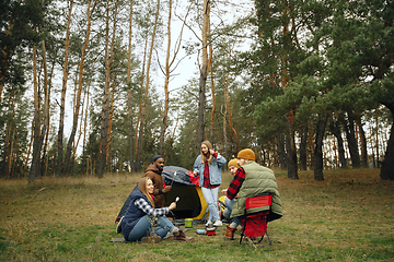 Image showing Group of friends on a camping or hiking trip in autumn day