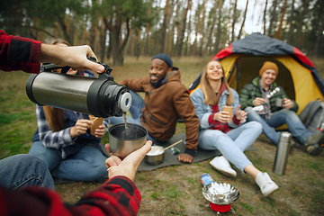 Image showing Group of friends on a camping or hiking trip in autumn day