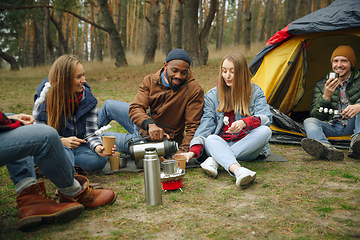 Image showing Group of friends on a camping or hiking trip in autumn day