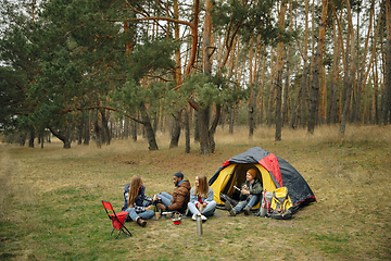 Image showing Group of friends on a camping or hiking trip in autumn day