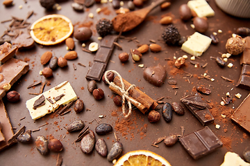 Image showing cocoa beans, chocolate, nuts and cinnamon sticks