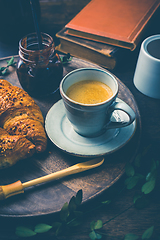 Image showing Breakfast - Croissants with nuts and cup of coffee